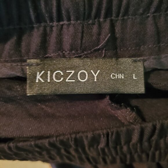 Black Wide Leg Womens Pants With Elastic Waist & Tie By Kiczoy L - Picture 5 of 6